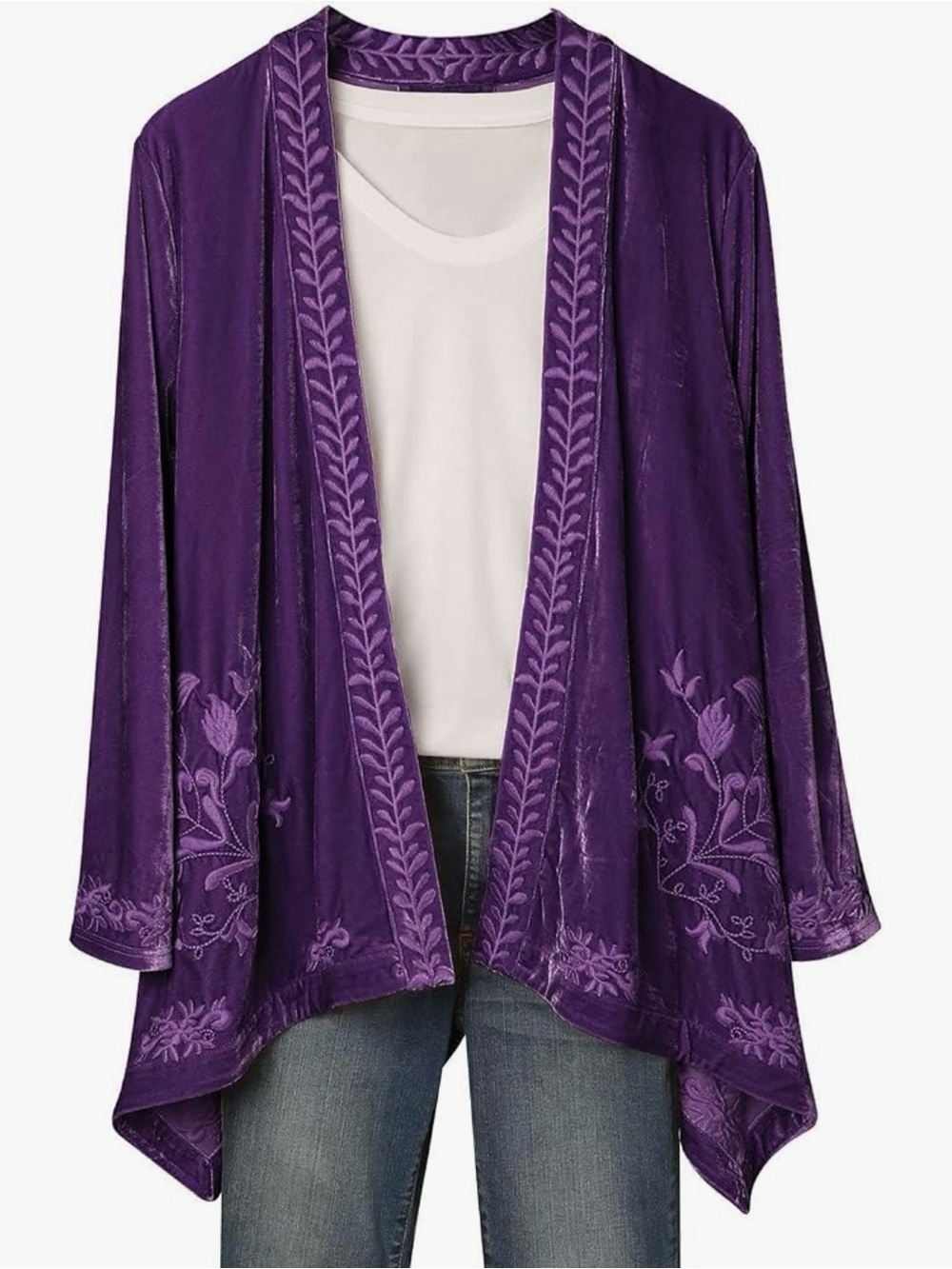 Floriana Embroidered Velvet Open Front Cardigan XL Kimono Jacket Purple Luxury